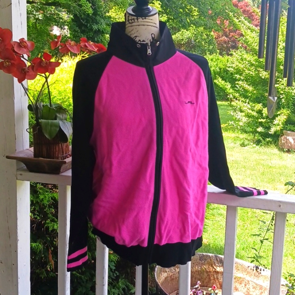 RALPH LAUREN LAUREN Black & Pink Varsity Jacket 1X